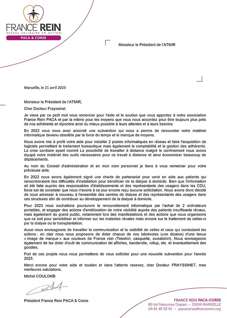 Lettre de remerciement au Président de l'ATMIR