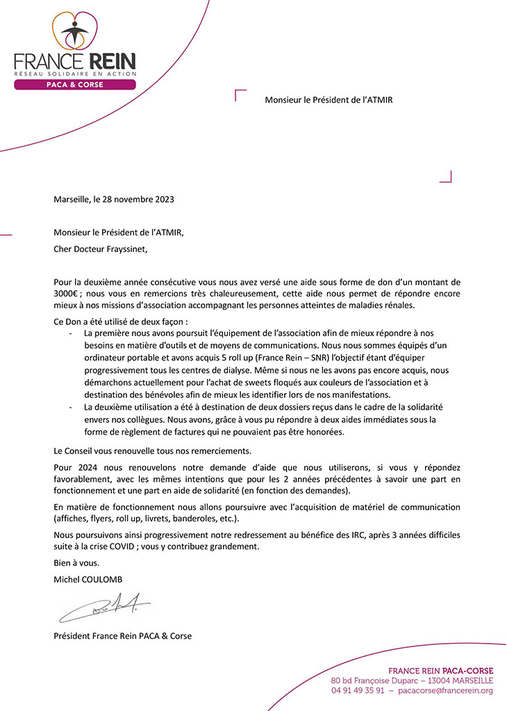 Courrier de remerciements 2023 de France Rein PACA & Corse à L'ATMIR