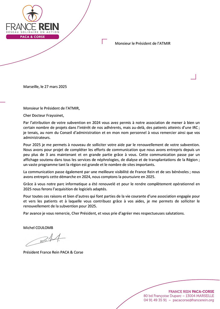 Courrier de remerciements 2023 de France Rein PACA & Corse à L'ATMIR