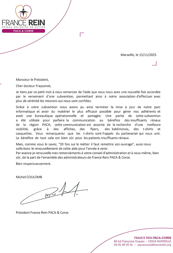 Courrier de remerciements 2023 de France Rein PACA & Corse à L'ATMIR